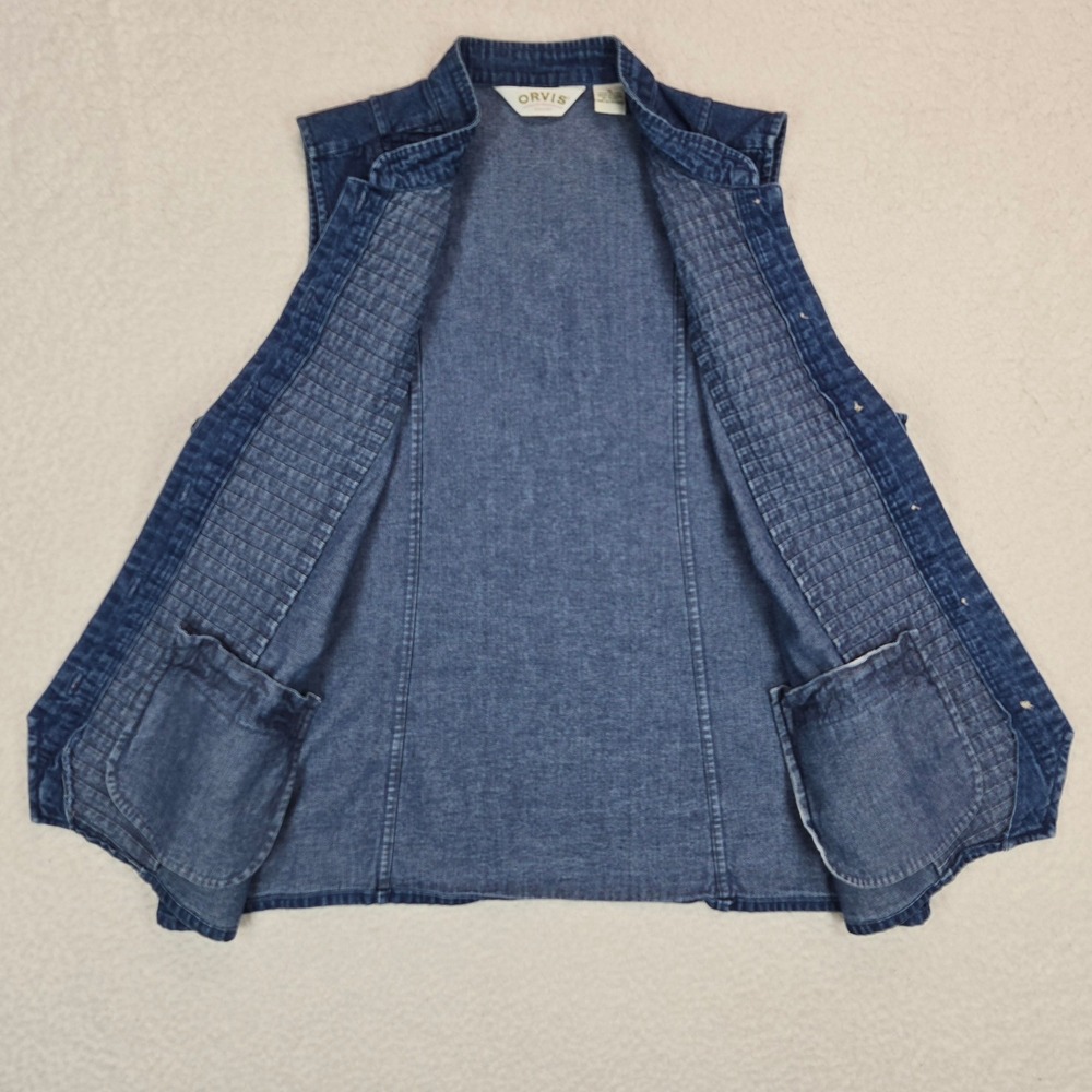 Orvis Denim Vest Womens 16 Blue Pintuck Pleated Button Front Mandarin Collar Top - Picture 4 of 12